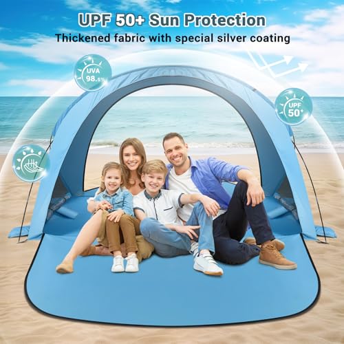 AugFir Beach Tent Sun Shelter, Beach Tent with Beach Mat Set, 4 Person Portable Beach Shade Canopy with UPF 50＋ UV Protection, Dual-Door Ventilation Design, Easy Setup Family Beach Umbrella (Blue) - color: Blue