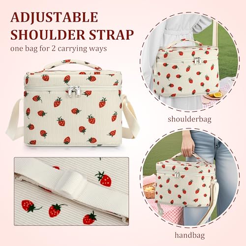 TESAFNG Insulated Lunch Bag for Women, Cute Corduroy Reusable Lunch Box for Adult, Leakproof Cooler Bag for Work Office Travel Picnic, Lunch Tote Bag with Adjustable Shoulder Strap (Strawberry) - color: Strawberry