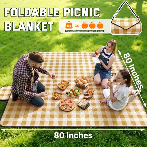 TigeJoy Extra Large Picnic Blanket Waterproof Foldable 60''x80'', Outdoor Picnic Mat Beach Blanket Sandproof for Park, Grass, Travel, Hiking, Camping Essentials, Gingham Picnic Blanket - color: Yellow, size: 6'8" x 5' (Rectangular)