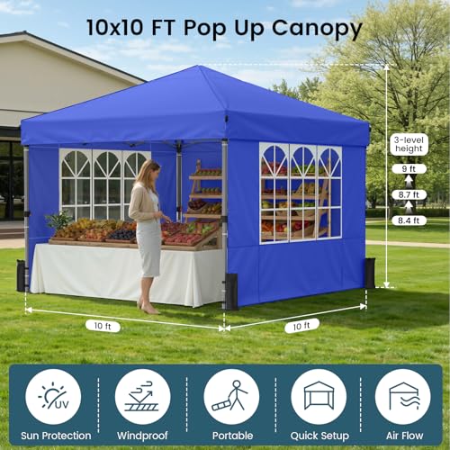 Raynesys Pop Up Canopy Tent with Sidewalls, 10x10ft 10 Person Party Tent One Push Setup, Portable Gazebo Outdoor Sun Shade for Events, Parties, Camping, Commercial, Silver Coated Top, Blue - color: Blue