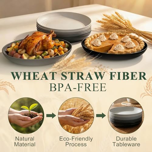 Kitchen Plates Set for 8, Unbreakable Wheat Straw Plates 11 Inch, Alternative to Plastic Plates Reusable, Microwavable Large Plates for Kitchen, Outdoor, Dinner, Party - BlackGrey - color: blackgrey, size: 11 Inch
