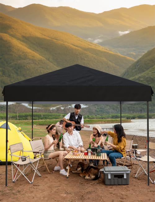 10x10 Pop Up Canopy with Removable 4 Sidewalls - Easy Up Camping Tent with One Button Push Setup - 1 Roller Bag, 3 Adjustable Height, 4 Weight Bags for Deck, Garden, Sports, Beach, Party - Black - color: Black