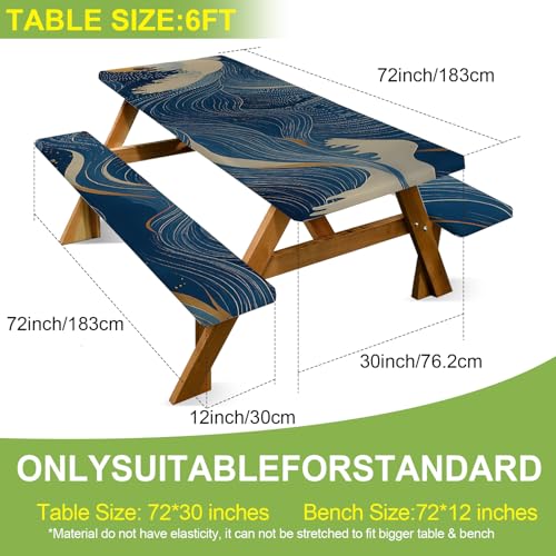 ANNA QUEEN Modern Abstract Art 6FT Picnic Table Cover with Bench Covers Set of 3 with Drawstring Bag, Blue Gold Lines 72"x30" Waterproof Picnic Tablecloth & Bench Covers for Patio Garden - color: #54