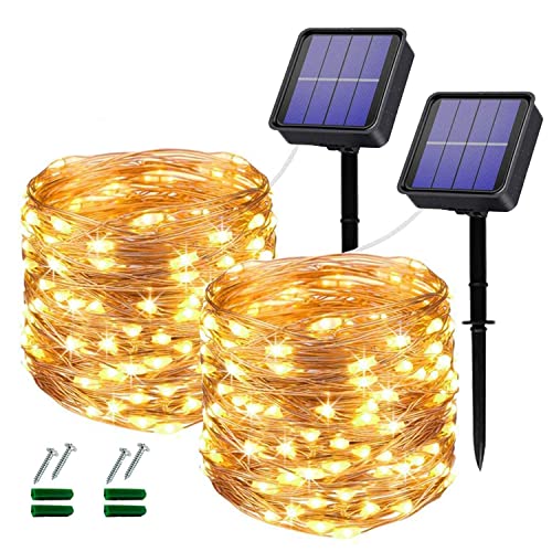 Lezonic Solar Fairy Lights, 2 Pack 240 LED Outdoor Waterproof 24M/80Ft 8 Modes Copper Wire Lights for Patio, Yard, Porch Decor (Warm White) - color: Warm White