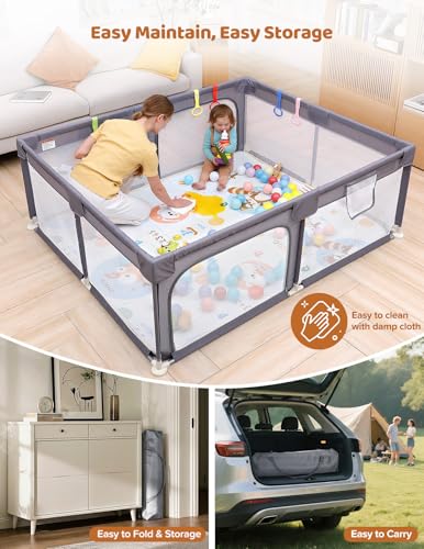 Dripex Baby Playpen with Mat, 71"x59" Play Pen for Toddlers 1-3 Years, Soft Breathable Visible Mesh, Indoor/Outdoor Portable Play Yard with Mat, Safe Baby Fence Play Area, Grey - color: Grey, size: 71"×59" with Mat