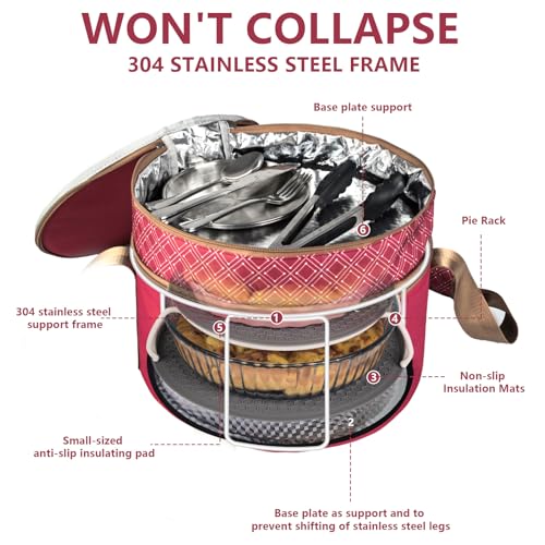 Pie Carrier With A Lid And Handle, With A Hard Edge That Won'T Collapse, Round Insulated Casserole Carrier,It Is Suitable For The Safe Transportation Of Cold And Hot Food (Red) - color: Red
