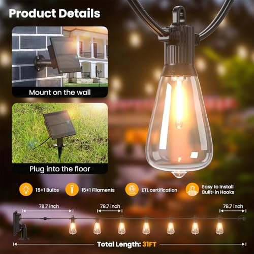 31FT Solar String Lights Outdoor Waterproof IP65 with USB-Charging , Solar Powered LED Patio Lights with 15+1 Shatterproof ST38 Edison Bulbs, Hanging Lights for Outside Backyard Garden Bistro Gazebo - size: Solar-31FT