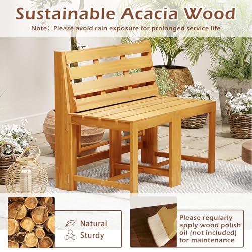 HAPPYGRILL 3-in-1 Acacia Wood Outdoor Dining Table Bench Set, with 2 Built-in Chairs, Plant Stand, Patio Bench Table for Backyard Garden
