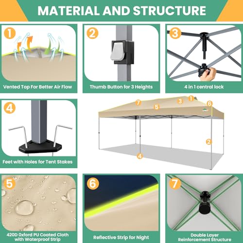 COBIZI 10x20 Pop Up Canopy Tent, Outdoor Party Tent Without Sidewall One Push Setup Glow, 3 Adjustable Height Air Vent Waterproof UPF50+, Bag, 4 Sandbag, 6 Stake, 12 Rope for Beach, Commercial - color: Khaki, size: 10x20