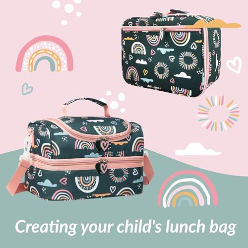 Insulated Kids Dual Compartment Lunch Bags Tote Pack for Girls Boys Toddler Kindergarten School Picnic Cooler Thermal Lunch Boxes with Strap (Green Rainbow) - color: Green Rainbow