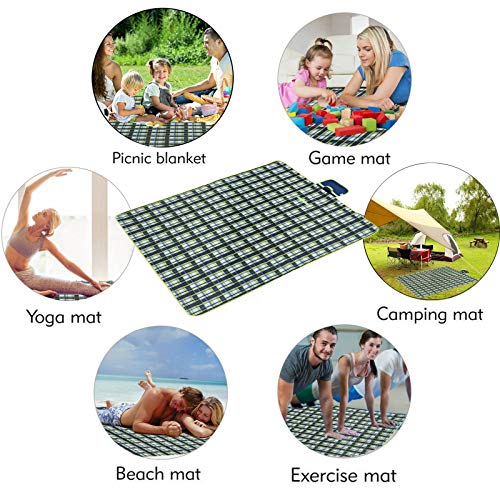 Picnic Blanket Beach Mat Extra Large Sandproof Waterproof Camping Blanket Portable Travel Blanket Play Mat for Outdoor Indoor Family Women Men Kids Beach BBQ Park Grass, 79"x57" - color: Green Grid