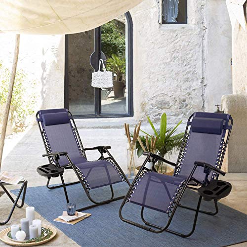 GUNJI Zero Gravity Chair Outdoor Lawn Folding Lounge Chairs Adjustable Reclining Patio Chairs Set of 2 with Cup Holder Lounge Gravity Chairs for Poolside, Backyard, Beach and Camping (Blue) - color: Blue