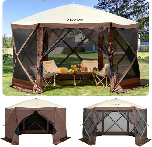 VEVOR 12 * 12ft 6 Sided Pop-up Canopy Shelter Tent with Mesh Windows, Portable Carry Bag, Stakes, Large Shade Tents for Outdoor Camping, Lawn and Backyard, Brown/Beige - color: Brown, size: 12x12 ft