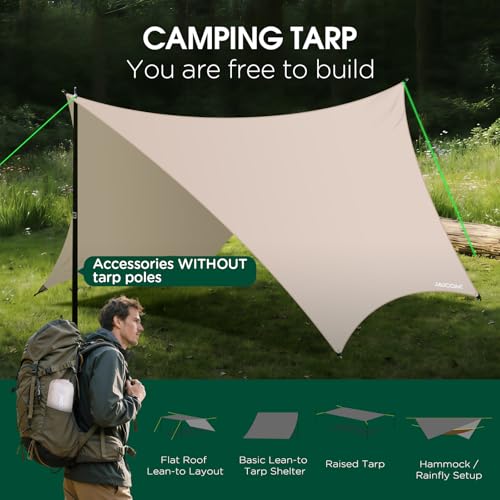 JAICOM Waterproof Hammock Rain Fly, Portable Camping Tarp - 12ft x 9.5ft Large Camp Tarp with Tent Stakes & Trap Clip & Guy Lines, Ultralight Shelter for Backpacking, Outdoor Shade - color: Khaki