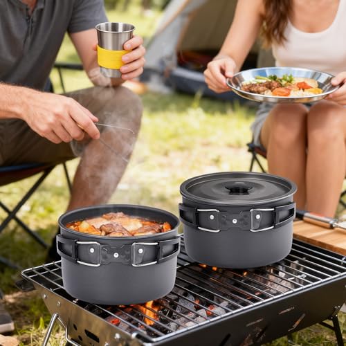 ROVSUN 34/10/6 pcs Camping Cookware Mess Kit, Lightweight Non-Stick Camping Cooking Pot and Pan Set with Stainless Steel Camping Gear Kettle Cup for Open Fire, Backpacking, Outdoor Cooking - style: 34 Pcs