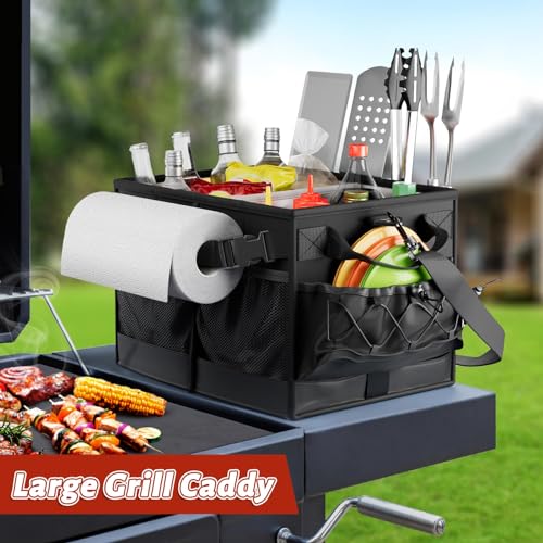 Lorbro Grill Caddy, BBQ Caddy with Paper Towel Holder, Utensil Caddy with Condiment Pocket, Collapsible Picnic Basket Camping Gear Must Haves for Outdoor, Gift, Grilling Tool, Barbecue, RV, Black - style: Black