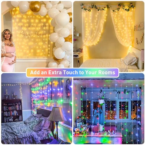 JMEXSUSS 300LED Dual Color Changing Curtain Lights with Remote, 9.8 x 9.8ft Connectable Plug in Christmas String Lights for Bedroom Backdrop Outdoor Decor, Warm White to Multicolor - color: Warm White to Multicolor, size: 300 LED