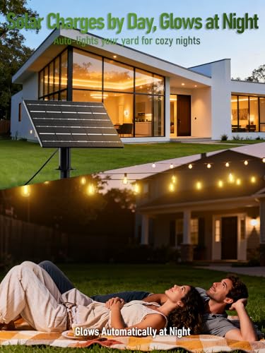 luckystyle 100FT Solar String Lights Outdoor Waterproof 2200K with Remote & USB Charging, 36+2 LED Shatterproof Bulbs, Dimmable & Timable, 3 Light Modes, Long Last for Garden,Patio, Backyard, Camping