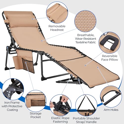 Yaheetech 22.4" Tanning Chair with Face Hole, Adjustable 5-Position Folding Chaise Lounge Chairs, Outdoor Lounge Chairs for Lawn, Beach, Sunbathing, Beige - color: Beige, size: 22.4"