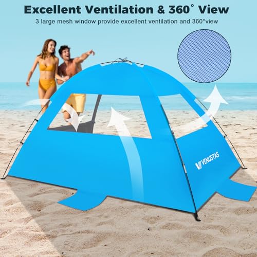 Venustas Beach Tent Sun Shelter for 3/4/6/8 Person, UPF 50+ UV Protection Beach Canopy, Lightweight and Easy Setup Cabana, Portable Shade Tent - color: Dark Shelter-Sky Blue, size: 3 Person