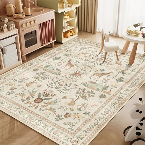 Beige Rug 3x5, Washable Boho Floral Botanical Animal Area Rug with Non Slip Backing Design,Indoor Soft Low Pile Carpet for Bedroom, Bedside, Kitchen, Kids Room, College Dorm for Girls - color: B#pink (Animal), size: 3' x 5' (Rectangular)
