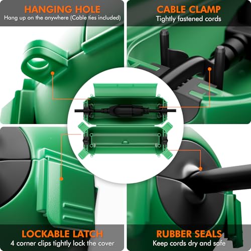 Restmo 4 Pack Compact Outdoor Extension Cord Cover, IP44 Waterproof Box and Safety Housing Case, Ideal to Protect Outdoor Plugs, Electrical Connections, Holiday Decoration Lights, Size Small, Green - color: Green, size: 4 Pack