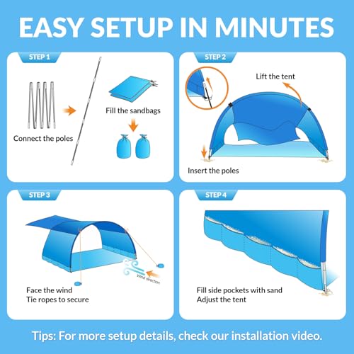 Beach Shade, The Classic Wind-Supported Beach Canopy with UPF 50+ Protection, 7.5ft Tall, Portable & Easy Setup Beach Sun Shelter for 3-6 People - color: Ocean Blue