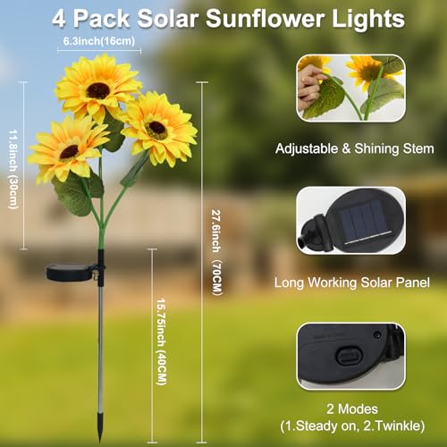 echosari 4 Pack Solar Lights Outdoor Waterproof, Sunflower Solar Stake Lights Auto ON/Off Solar Garden Decorative Lights for Lawn Pathway Landscape Birthday Gifts for Mom Women - color: Sunflower