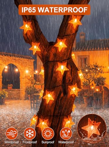 Solar Twinkle Star String Lights Outdoor Indoor Waterproof 39FT 100 LED Solar Powered Fairy Lights with 8 Lighting Modes Thanksgiving Decor for Camping Tree Party Yard Wedding Garden Orange - color: Orange