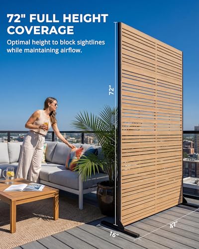 6FT Outdoor Privacy Screen | 37lb Heavy-Duty Metal Fence Panel, Freestanding with Expansion Anchors | Rust-Resistant Powder-Coated, Louvered Faux Wood — Patio, Balcony, Pool, Deck (72" H×47" W) - color: Matte teak color