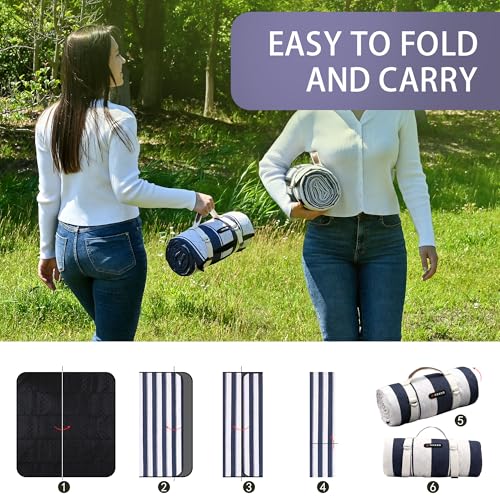HX&OD Outdoor Picnic Blanket Extra Large, 80''*80'' Waterproof Picnic Mat with Stakes Foldable Camping Blanket Portable with Carry Strap for Beach Mat (Blue& White, 80''*80'') - color: Blue& White, size: 6'8" x 6'8" (Square)
