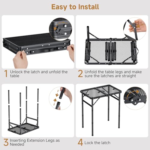 Folding Camping Table, 22" x 15" Picnic Table with 3 Adjustable Height Max 27.5", Matte Black Aluminum Folding Table with Handle for Party, Dining, Garden, Patio, Market (2-Fold Mesh Tabletop) - style: 2-Fold Mesh Tabletop