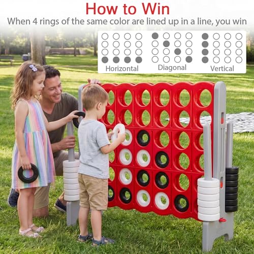 KOTEK Giant 4-in-a-Row Game, 3.5 Feet Tall Jumbo 4-to-Score Family Fun Game with Quick-Release Sliders & 42 Large Rings, Oversized Connect Plastic Yard Game Outdoor for Kids & Adults (Brown+Red) - color: Brown+red