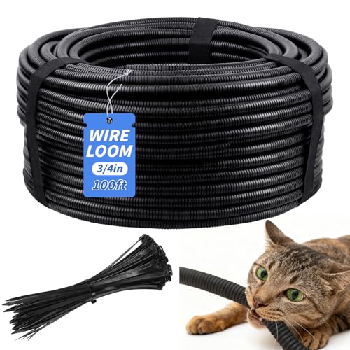 100FT Split Wire Loom Tubing, 3/4 Inch Wire Protector Tubing, Automotive Wire Flexible Conduit Cord Covers with 20 Cable Ties for Automotive Marine RV Agriculture Electrical Cable Protection - color: Black, size: 3/4in x 100ft