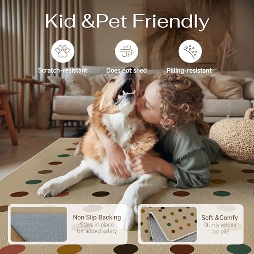 HUGEAR 4x6 Jute Outdoor Indoor Rug Washable Geometric Linen Textured Weave High Traffic Stain Resistant Non Slip Durable Carpet for Livingroom Patio Deck Balcony Courtyard (Rainbow, 4' x 6') - color: Rainbow Polka Dots, size: 4'x6' (Rectangular)