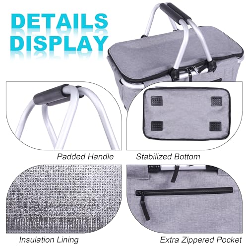 Picnic Basket, SIYUAN Collapsible Shopping Basket Insulated with 2 Handles 27L Large Cooler with Lid Portable Folding Grocery Market Tote Bag, Grey - color: Gray