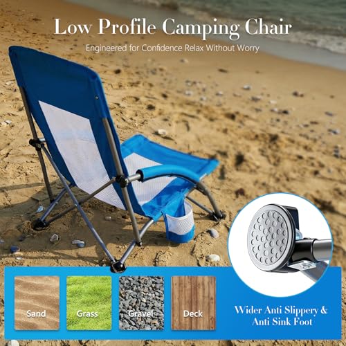DUMOS Low Camping Beach Chair, Lightweight Folding Portable Chair with Breeze Mesh Back, Padded Armrests, Cup Holder & Storage Pocket, Low Profile Lawn Chair for Camping, Picnic, Sand, Light Blue - color: Light Blue, size: 25.79*22.24*27.36inch