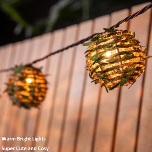 Decorative Lantern String Lights, Outdoor Plug in Hanging Lights with 10 Natural Hemp Rope Leaf Balls, Connectable Weatherproof Patio Globe Boho String Lights for Home Pergola Porch Party Backyard - style: Hemp Rope with Green Leaf Balls