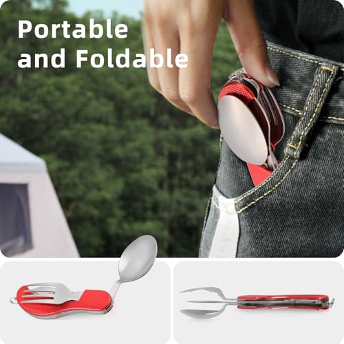 Leeko 4 in 1 Stainless Steel Portable Outdoor Pocket Knife Fork Spoon Diner Set Multi-function Tableware for Camping Hunting - color: Red