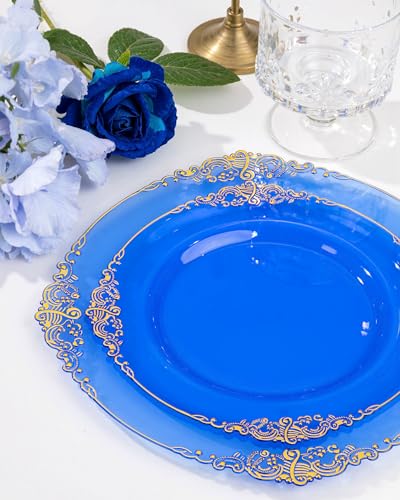 Nervure 350PCS Blue Plastic Plates - Blue Plastic Dinnerware Sets for 50 Guests - 100 Disposable Plates, 150 Gold Silverware, 50 Cups, 50 Napkins for Wedding & Party - color: Transparent Blue