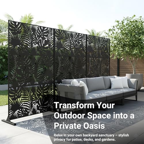 Metal Privacy Screen Outdoor – 72in Decorative Laser Cut Steel Garden Divider Panel with Tropical Leaf Design, Weatherproof Freestanding Modern Privacy Fence for Patio, Deck, Backyard & Balcony - color: Black & Tropical Plants