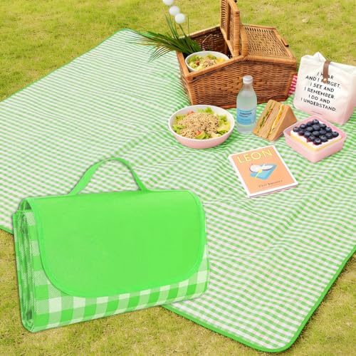 Extra Large Picnic Outdoor Blanket, 80''x80'' Waterproof Sand Beach Mat, Foldable Blankets Gingham Picnic Mat for Beach Camping Grass Lawn Park Hiking Travel Accessories Family Concerts(Green White) - color: Green, size: 80''x80''