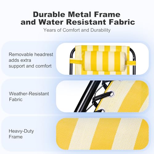 Nazhura Set of 2 Relaxing Recliners Patio Chairs Adjustable Steel Mesh Zero Gravity Lounge Chair Beach Chairs with Pillow and Cup Holder (Yellow Stripe) - color: Yellow Stripe