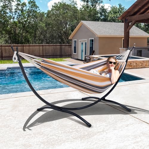 SUNCREAT 2 Person Hammock with Stand, Heavy Duty Free Standing Hammock with Stand Included, Coffee Stripes - color: Coffee White