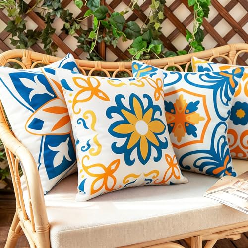 Pyonic Outdoor Pillow Covers 16x16 Spring Summer Garden Waterproof Throw Pillow Covers Cushion Case Patio Pillows for Couch Tent,Set of 4 Yellow and Blue - color: Yellow, size: 16" x 16" (Pack of 4)