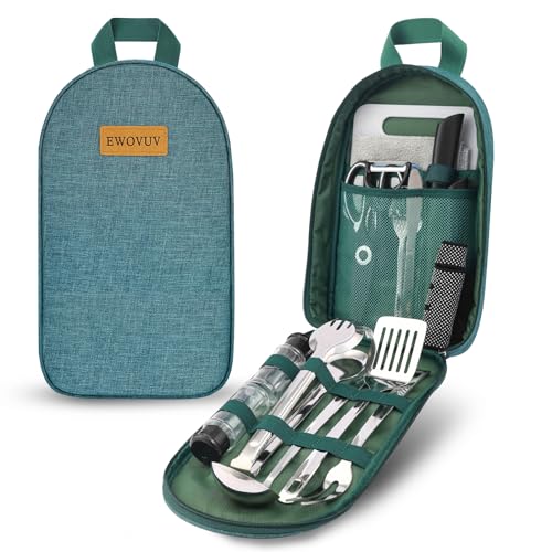 Camping Cooking Utensils Set- Camping Essentials Cookware Accessories Gear Must Haves Camper Tent Camp Kitchen Rv Gadgets Outdoor Stove Portable Picnic Gifts for Women BBQ Stuff - color: Green