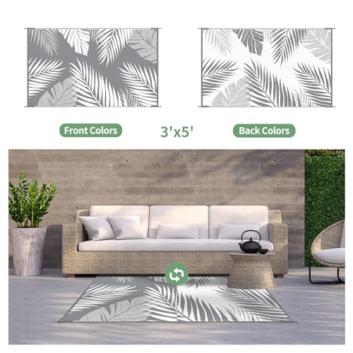 GENIMO Outdoor Rug 3' x 5' Waterproof for Patios Clearance, Reversible Outdoor Plastic Straw Camping Rug Carpet, Large Area Rugs Mats for RV, Camper, Deck, Balcony, Porch, Beach, Picnic, Grey&White - color: Grey & White | Waterproof, size: 3' x 5' (Rectan