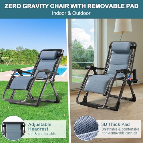 NAIZEA Padded Zero Gravity Chair, Cooling Fabric Folding Outdoor Lounge Chairs, Adjustable Reclining Camping Chairs with Cup Holder, Ergonomic Patio Lawn Chair for Balcony Beach Deck Yard - color: Ice Silk Blue, style: Zero Gravity Chair