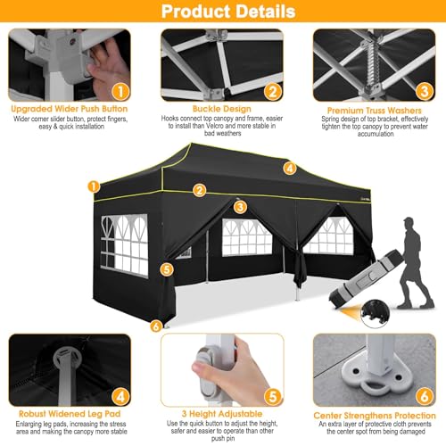 HOTEEL 10x20 Heavy Duty Pop Up Canopy Tent with Sidewalls, Commercial Outdoor Canopy Tents for Parties Event Wedding with Roller Bag, Waterproof & UV 50+, Upgraded Thickened Hexagonal Legs, Black - color: Black, size: 10x20FT (+6 Walls)