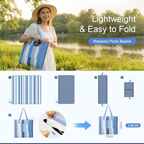 2 in 1 Tote Picnic Blanket Waterproof Outdoor Camping Mat,Large Capacity Beach Blanket 80''x80'' 7 Layers Easy to Foldable and Carry. - color: Blue